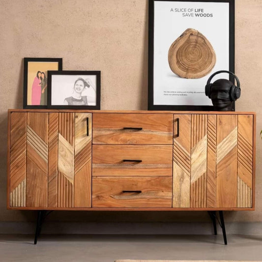 Aparador en Madera de Acacia con Puertas y Cajones y Patas de Metal | Mueble de Almacenaje Elegante y Funcional