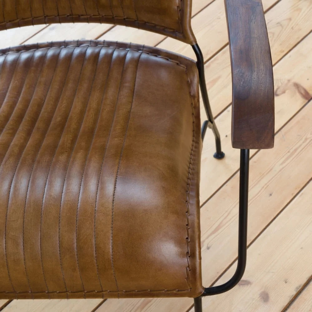 Tan Leather Armchair with Iron Legs