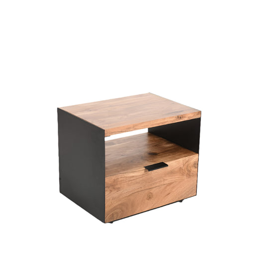 Mesilla de Noche / Mesa Auxiliar de Madera de Acacia y Hierro con Cajón