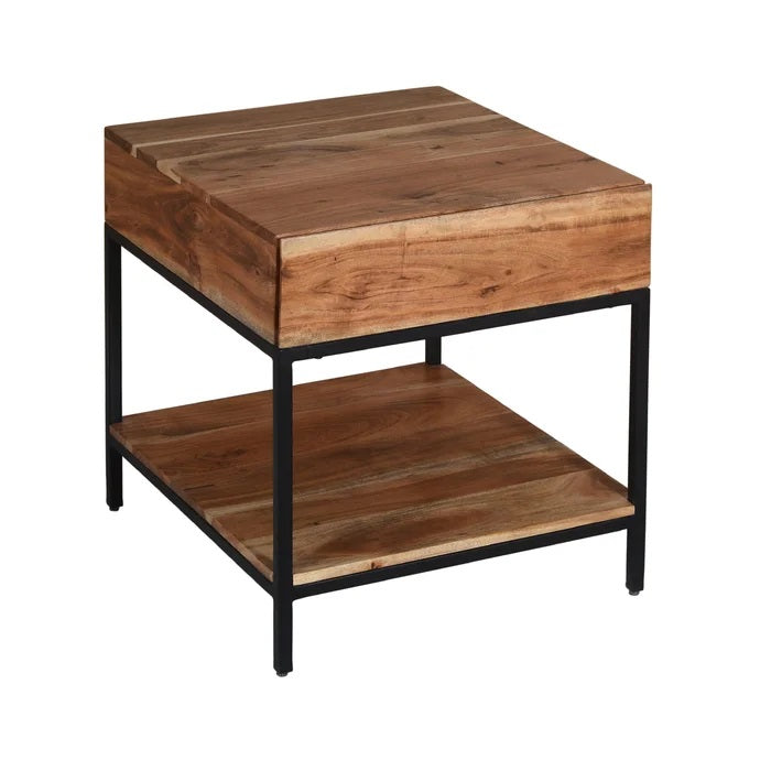 Mesa Auxiliar/Lateral de Madera de Acacia con Patas de Hierro y 1 Cajón