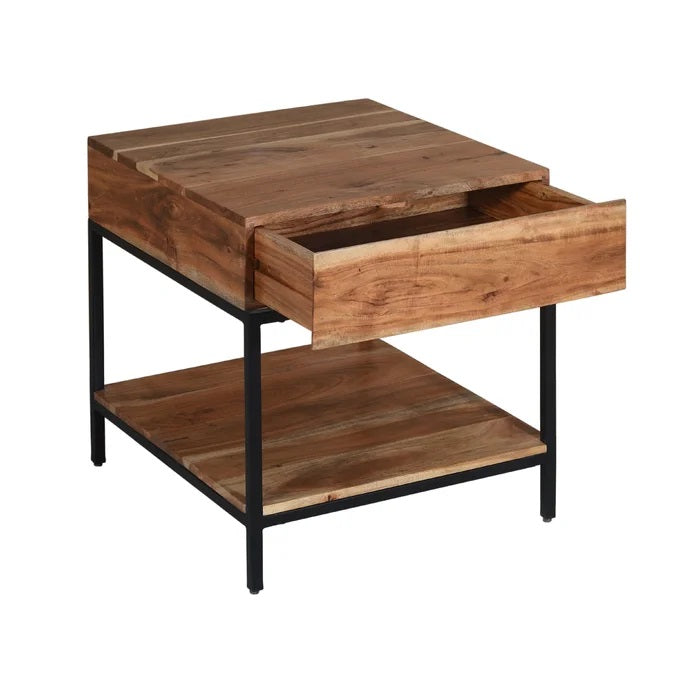 Mesa Auxiliar/Lateral de Madera de Acacia con Patas de Hierro y 1 Cajón